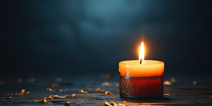 AI Generated. AI Generative. Decorative soy wax candle in bowl plate. Romantic xmas Christmas spa relaxing spiritual meditation background vibe view in the dark 