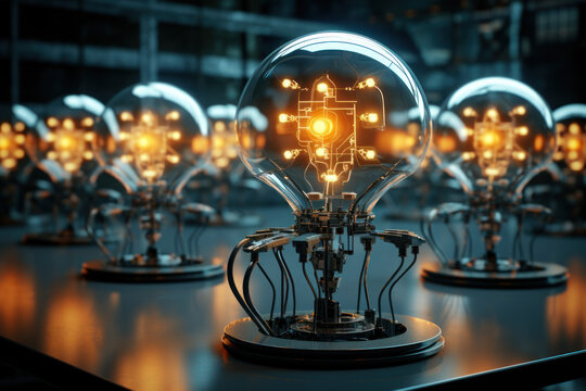 Futuristic Visions: Robot Faces in Glass Bulbs, Generative AI