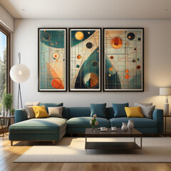Interior of a modern living room with bright colorful decor. Int