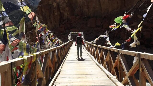 Trekker crossing the bridge across the Tsarab Chu River, Phugtal, (Phuktal) Zanskar, Ladakh, India 