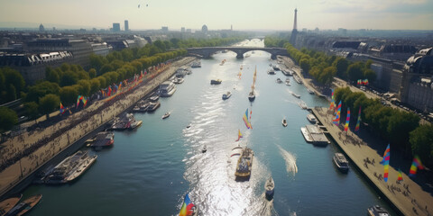 Olympic Splendor: Drone View of the Seine River, Generative AI - obrazy, fototapety, plakaty