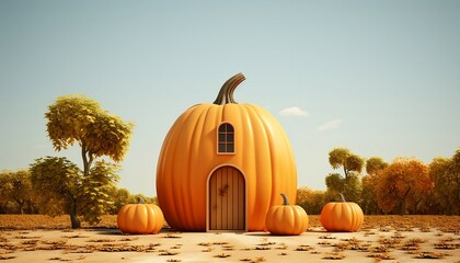 Naklejka na ściany i meble Autumn and Halloween concept with pumpkin house, copy space text, 3d illustration cartoon style, generative AI