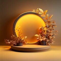 Autumn display podium with tree, 3d illustration, generative AI