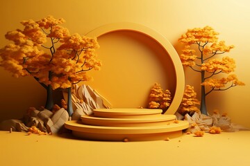 Autumn display podium with stone and tree, 3d illustration, generative AI