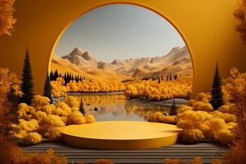 Autumn display podium with tree water reflection background, 3d illustration, generative AI