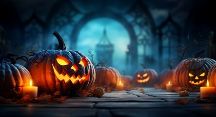 Halloween Pumpkins  Jack O’ Lanterns In Spooky Forest background,  generative AI