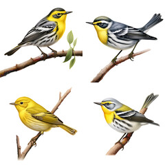Fototapeta premium set of birds​ Warbler In​ family​ Orthotomus white background generative AI 