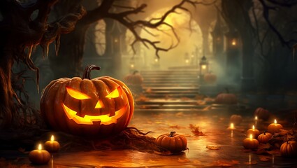 Halloween Pumpkins  Jack O’ Lanterns and tree In Spooky Forest background,  generative AI