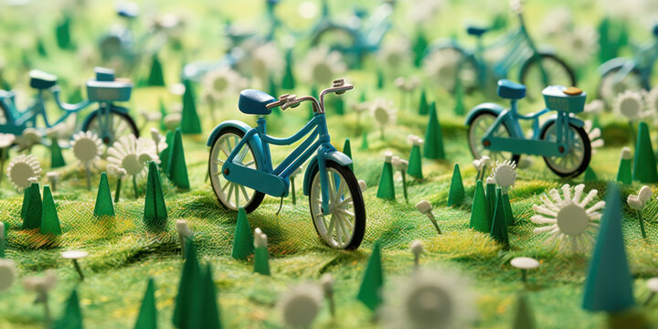 Isometric Bicycle Field: Green and Blue Dreamscape, Generative AI