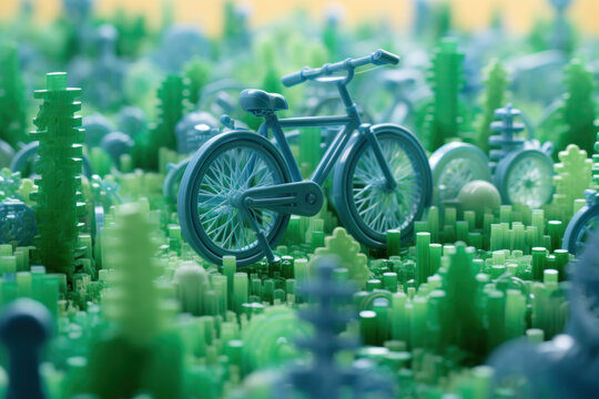 Isometric Bicycle Field: Green and Blue Dreamscape, Generative AI