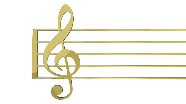 Golden treble clef or violin key isolated on white and transparent background. Music concept. 3D render