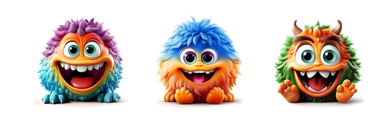 Fototapeta premium Happy colorful monster set halloween head face isolated white background 