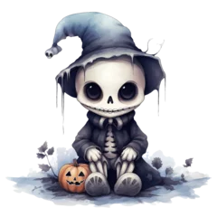 Deurstickers Aquarel doodshoofd Cute Skeleton Halloween Watercolor