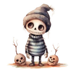 Foto op Plexiglas Aquarel doodshoofd Cute Skeleton Halloween Watercolor