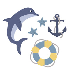 Cute vector ocean set with dolphin, anchor, lifebuoy, starfish.Underwater cartoon creatures.Marine animals.Cute illustration for fabric, childrens clothing,book, postcard,wrapping paper