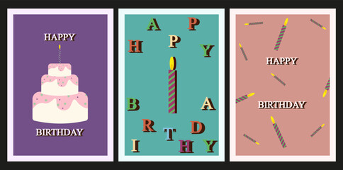 Set of Birthday card in Y2K Style. Retro aesthetic Groovy funky template of Greeting Card. Cover for posters, banners, flyer. Vector illustration 00s 90s. Hippie art.