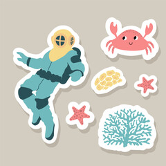 Cute vector stickers set with diver, crab, seaweed, coral, starfish.Underwater cartoon creatures.Marine animals.Cute ocean illustration for fabric, childrens clothing,book, postcard,wrapping paper