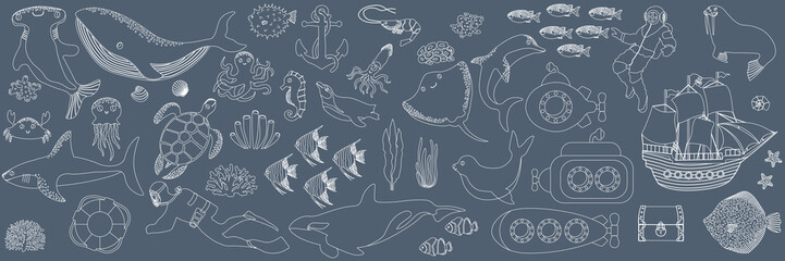 Vector ocean mega set with whale,turtle,jellyfish,shark,crab,octopus,diver,penguin,squid,dolphin,walrus,ship.Underwater animals.Illustration for fabric,childrens clothing,book,postcard,wrapping paper © Оксана Омельченко