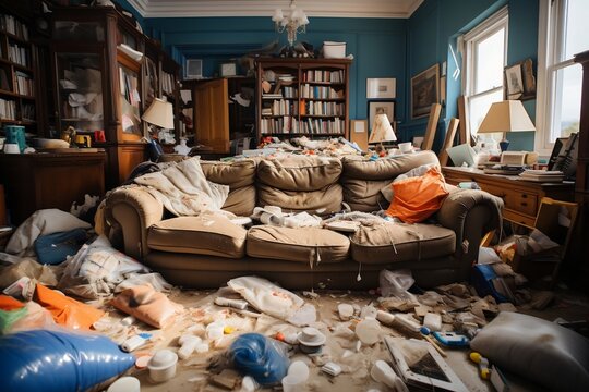 Chaos in the Living Room: A Messy and Dirty Sofa. AI