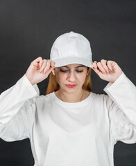 The mockup portrays a woman donning a white blank hat, creating a visually appealing scene