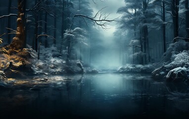 Winter Forest River Scene. Generative AI