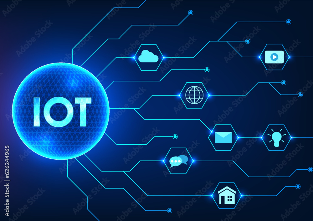Poster internet of things technology with letters iot in a technology circle with a circuit board connected