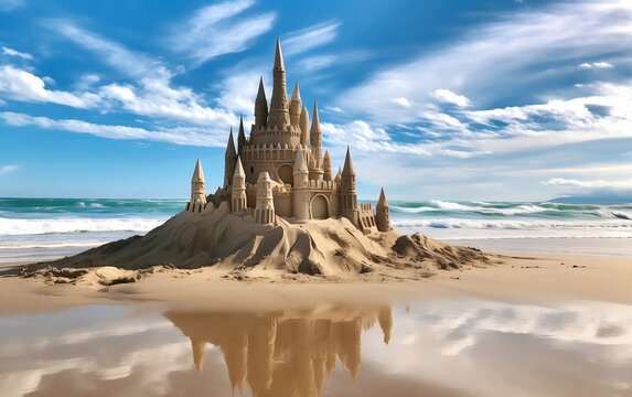 Sandcastle on Beach Illustration. Generative AI