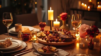Obraz na płótnie Canvas a table with food and candles