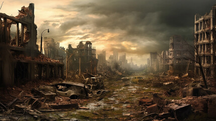 Panoramic view to the  destroyed city after the war. Dramatic scene of the Bombed out, burning and fuming city. Human suffering and war.  Ruined, deserted city after war with dark clouds. AI generated - obrazy, fototapety, plakaty