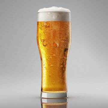 Glass of light beer with foam on a grey background. Beer in a glass with froth, set on a gray background. 3d rendering. AI generated image. Low angle view