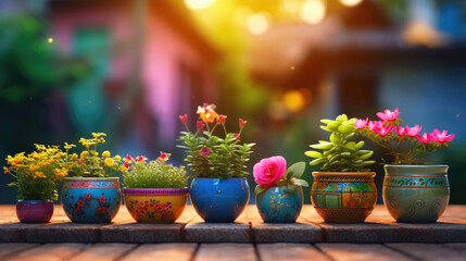 Fototapeta na wymiar Sunrays on Colorful Flower Pots