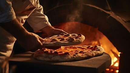 a person putting a pizza in a pizza oven