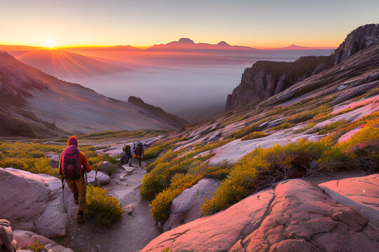 Early-Morning Hiker's Triumph: Majestic Mountain Summit at Sunrise with Golden Rays and Mystical Mist - Stock Photo on Adobe Stock