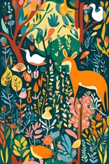an abstract painterly style of a beautiful colorful forest with various animals and birds.