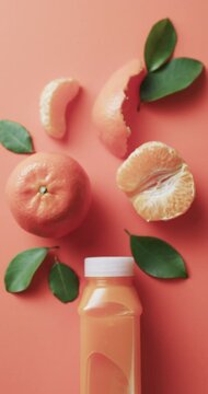 Vertical video of mandarine and juice with copy space over red background