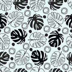 Floral seamless pattern. Monstera leaves and blob shapes whimsical arrangement. Aesthetic allover print foliage background