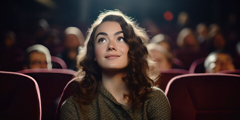 Woman sits on the front row in a cinema in an empty hall. The girl is watching a movie alone. - obrazy, fototapety, plakaty