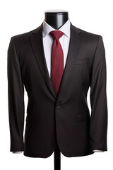 A stylish mannequin wearing a black suit with a striking red tie