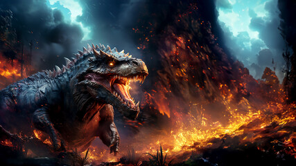 Fantastic dinosaur in a burning forest