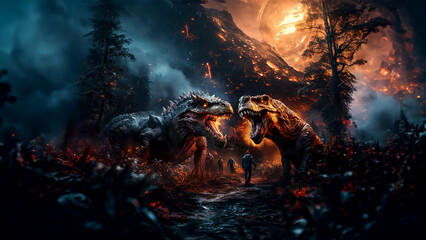 Fantastic dinosaurs in a burning forest
