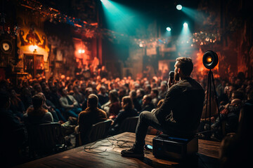 Fototapeta premium young man in a nightclub with a microphone and a glass of wine