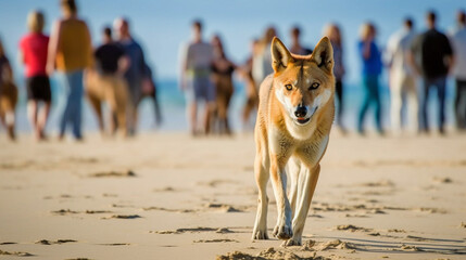 A wild australian dingo walking along a beach with tourists watching in the background
