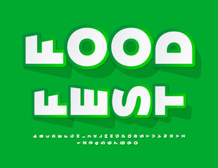 Vector eco concept Food Fest. Green Rotated Font. Sticker style Alphabet Letters and Numbers set.