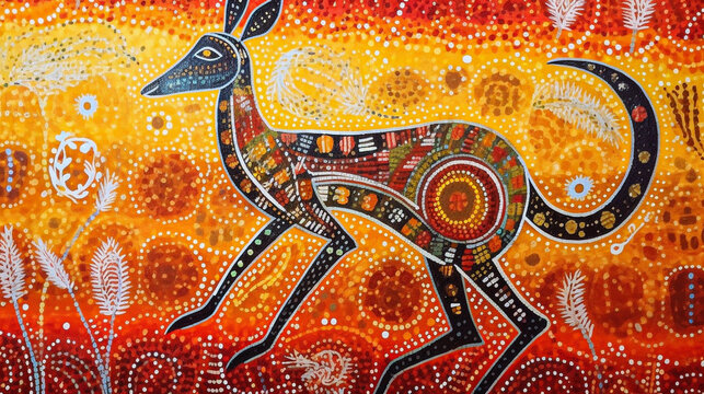 an aboriginal digital illustration of an Australian kangaroo in traditional dot painting style