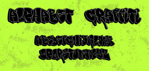 Street alphabet in graffiti style. Font from 3D letters, street calligraphy alphabet, tags. Graffiti bubble font, 3D capital letters. Vector artistic graphic box for typography. Vector collection © SergeyBitos