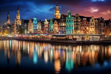 Fototapeta na wymiar Vibrant Buildings: Dancing Over Amsterdam's Amstel River. AI