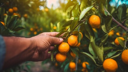 Closeup of hand picking orange fruit from a tree