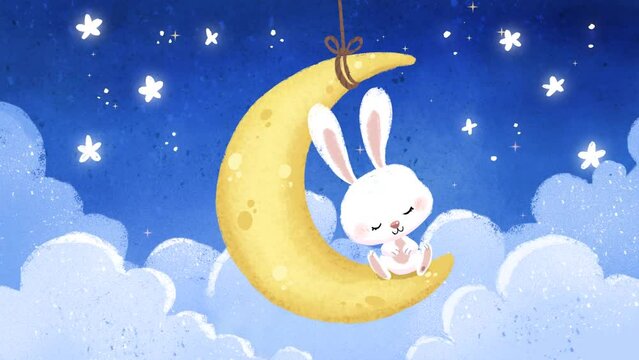 Adorable rabbit sitting on the moon surrounded by stars and clouds that is sleeping peacefully