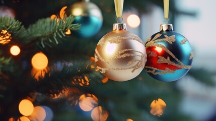 colorful and vibrant hanging baubles on christmas tree