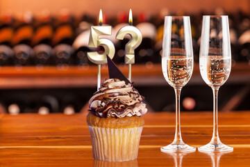Cupcake With Numbers And Glasses With Wine For Birthday Or Anniversary